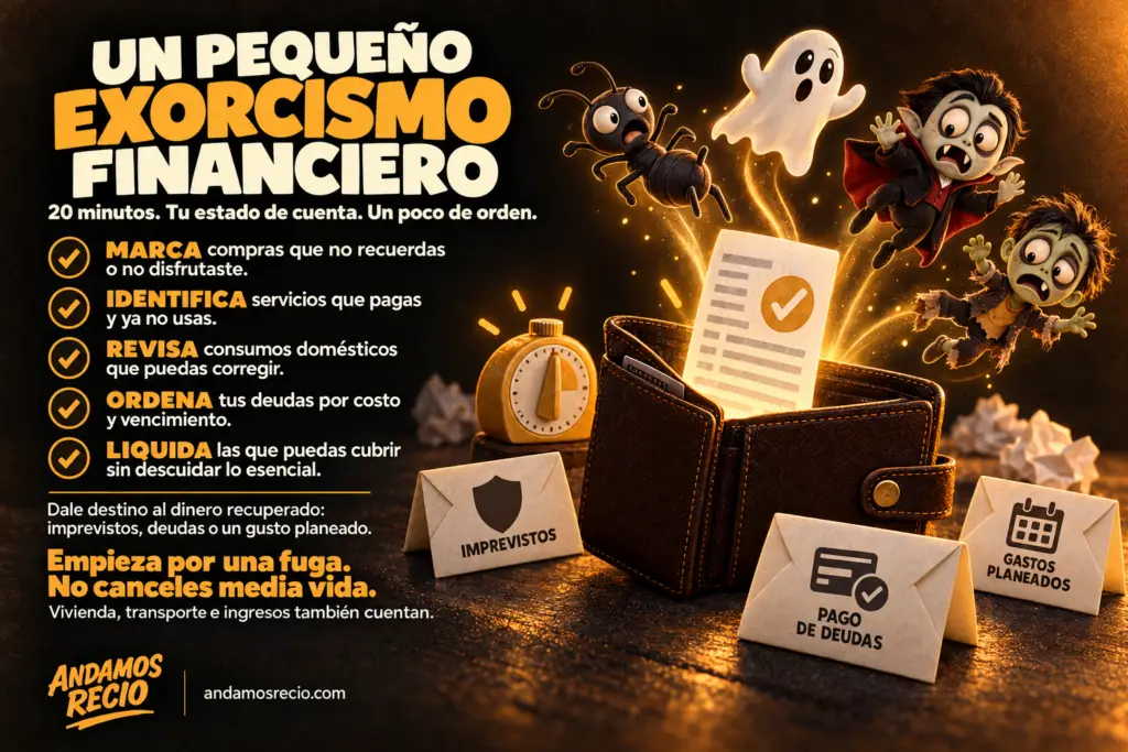 Hormiga, fantasma, vampiro y zombie saliendo de una cartera, junto a cinco pasos para revisar gastos, ordenar deudas y dar destino al dinero recuperado.