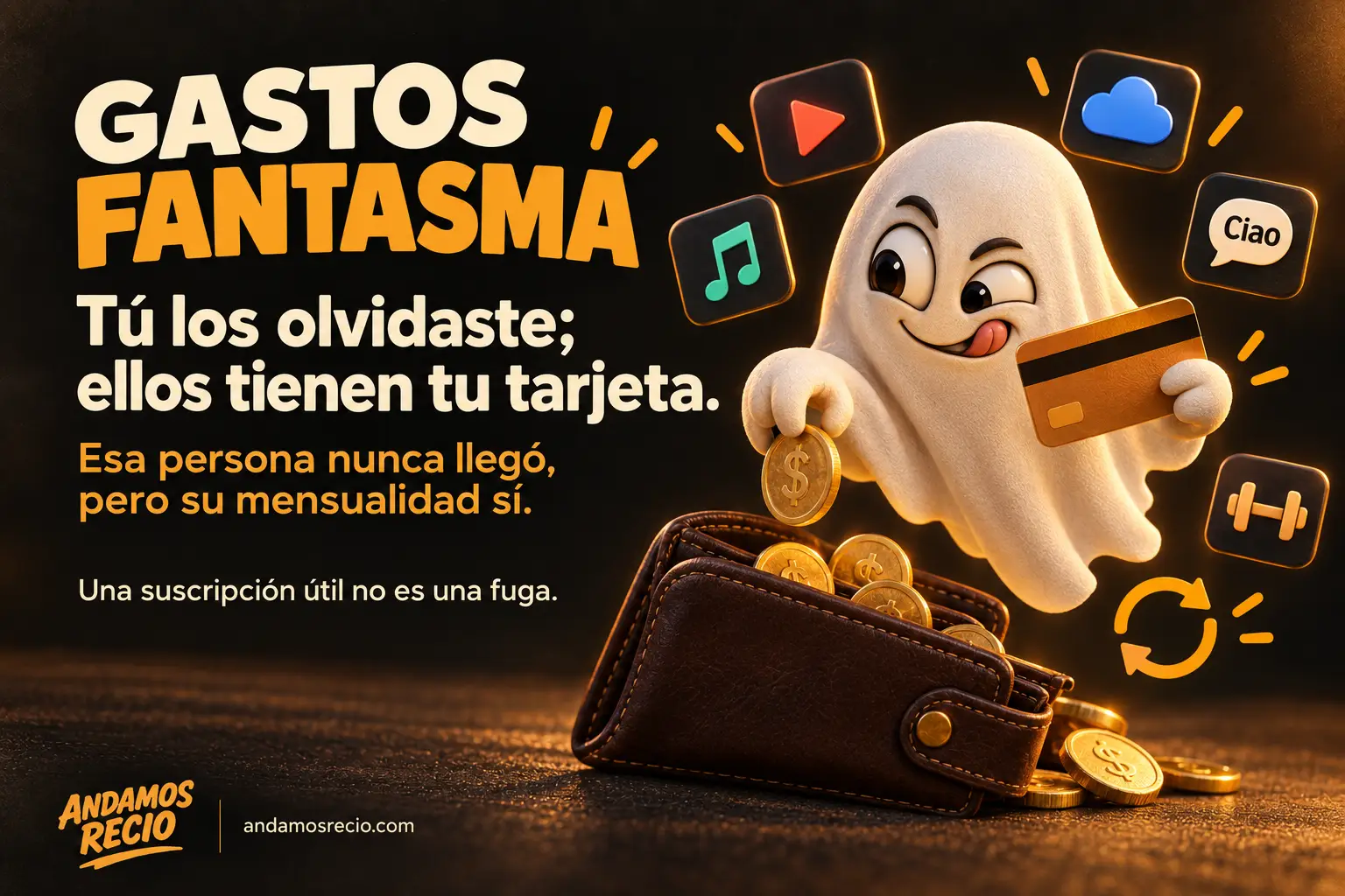 Fantasma con una tarjeta y monedas, rodeado de iconos de suscripciones, que representa cobros recurrentes de servicios olvidados. 👻