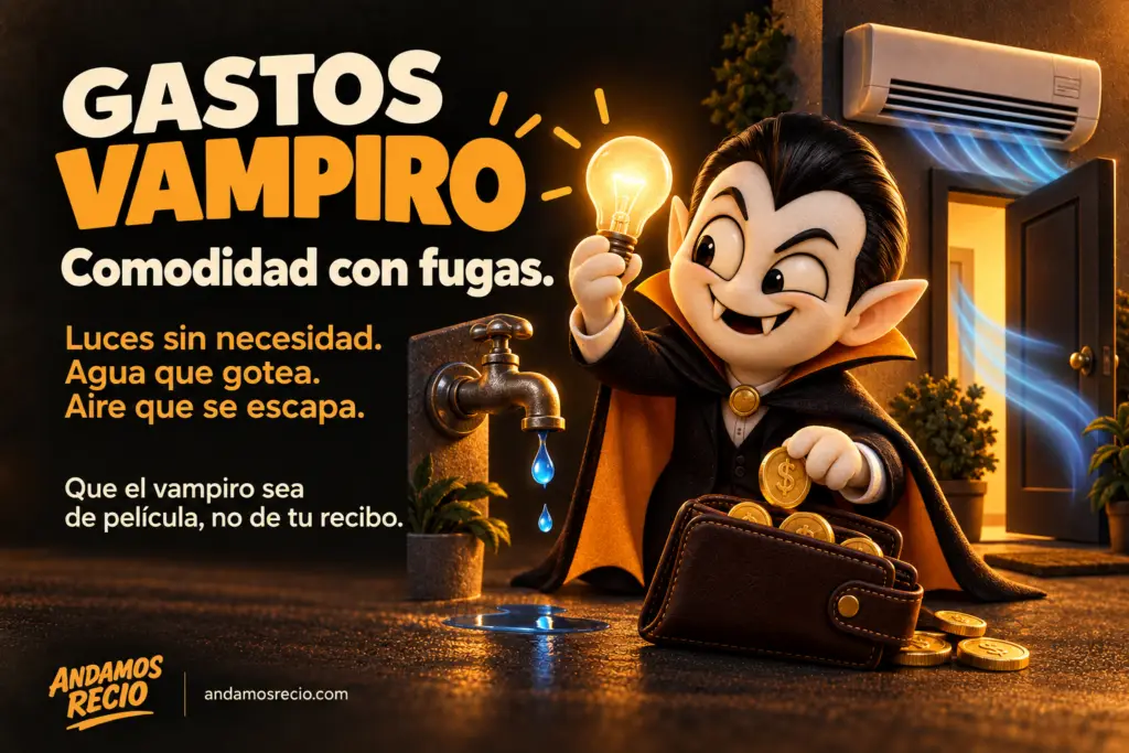 Vampiro junto a una luz encendida, una llave goteando y aire acondicionado escapando por una puerta abierta, representando gastos domésticos evitables. 🧛🏻