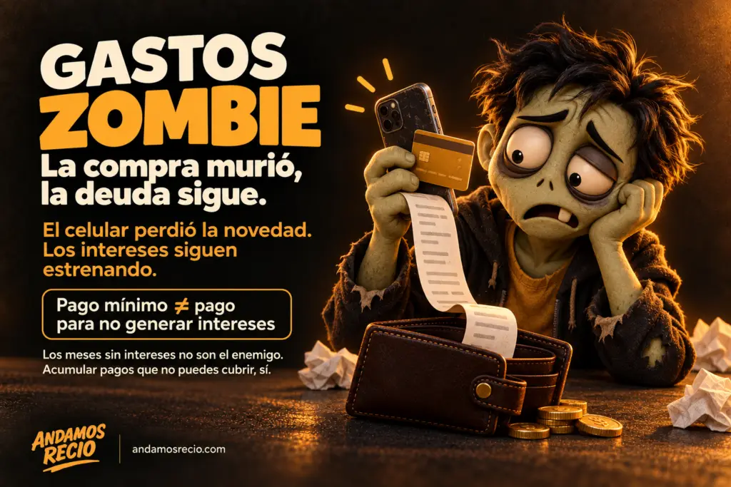 Zombie con un celular viejo, una tarjeta y una cuenta larga, representando deudas que continúan después de perder el entusiasmo por una compra. 🧟‍♂️